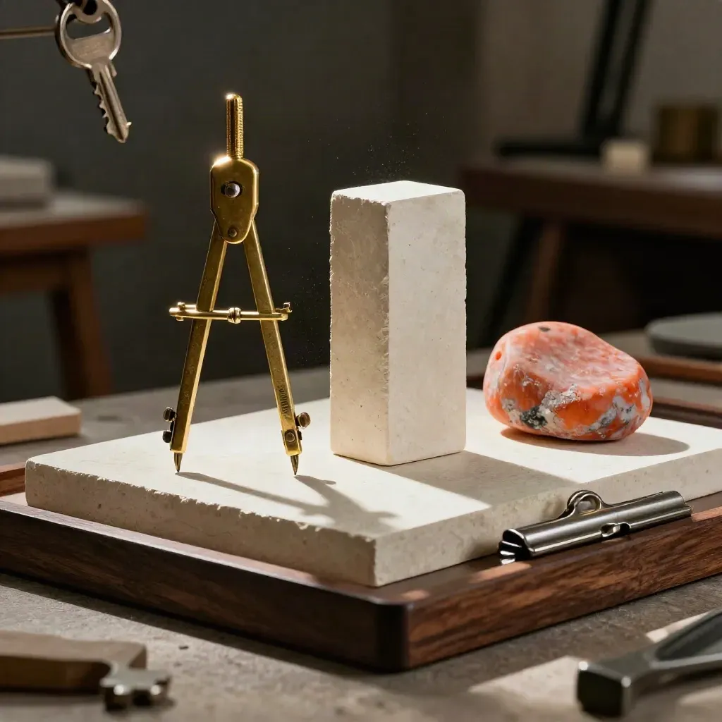 Traverten plint üzerinde maquette blokları, pirinç pergel ve koral pigment taşıyla dramatik natürmort.